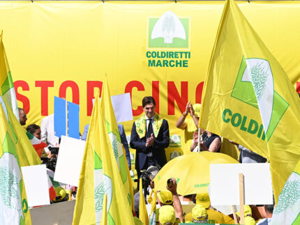 Il presidente della Regione Marche Francesco Acquaroli parla ai manifestanti della Coldiretti